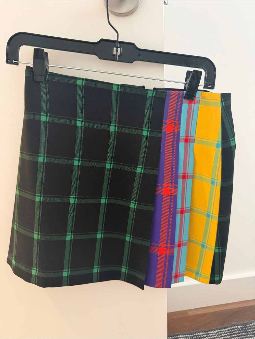 Alice & Olivia Plaid Colorblock A-Line Mini Skirt - Green, Purple, Yellow